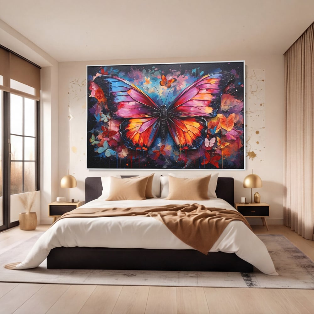 Tablou canvas cu tablou canvas cu fluture central multicolor, in rama de aluminiu argintiu, pe perete intr-un dormitor